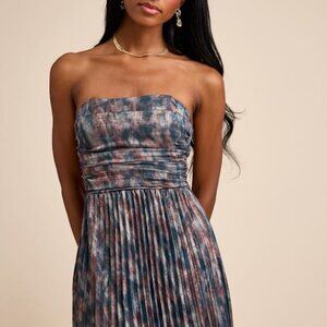 Lulus Islya Slate Blue Multi Abstract Pleated Strapless Maxi Dress - Size M